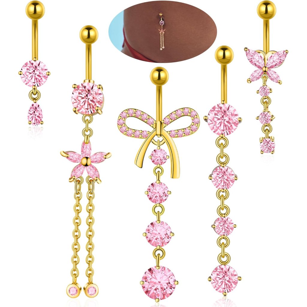 Belly Button Rings Gold Plated Silver Pink Clear Cz Belly Rings For Women Heart